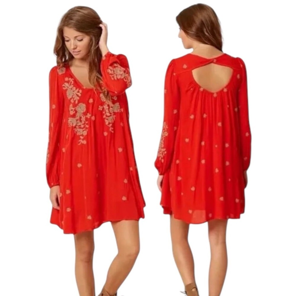 Free People Dress Sweet Tennessee Red Embroidered Tunic Floral Long Sleeve L